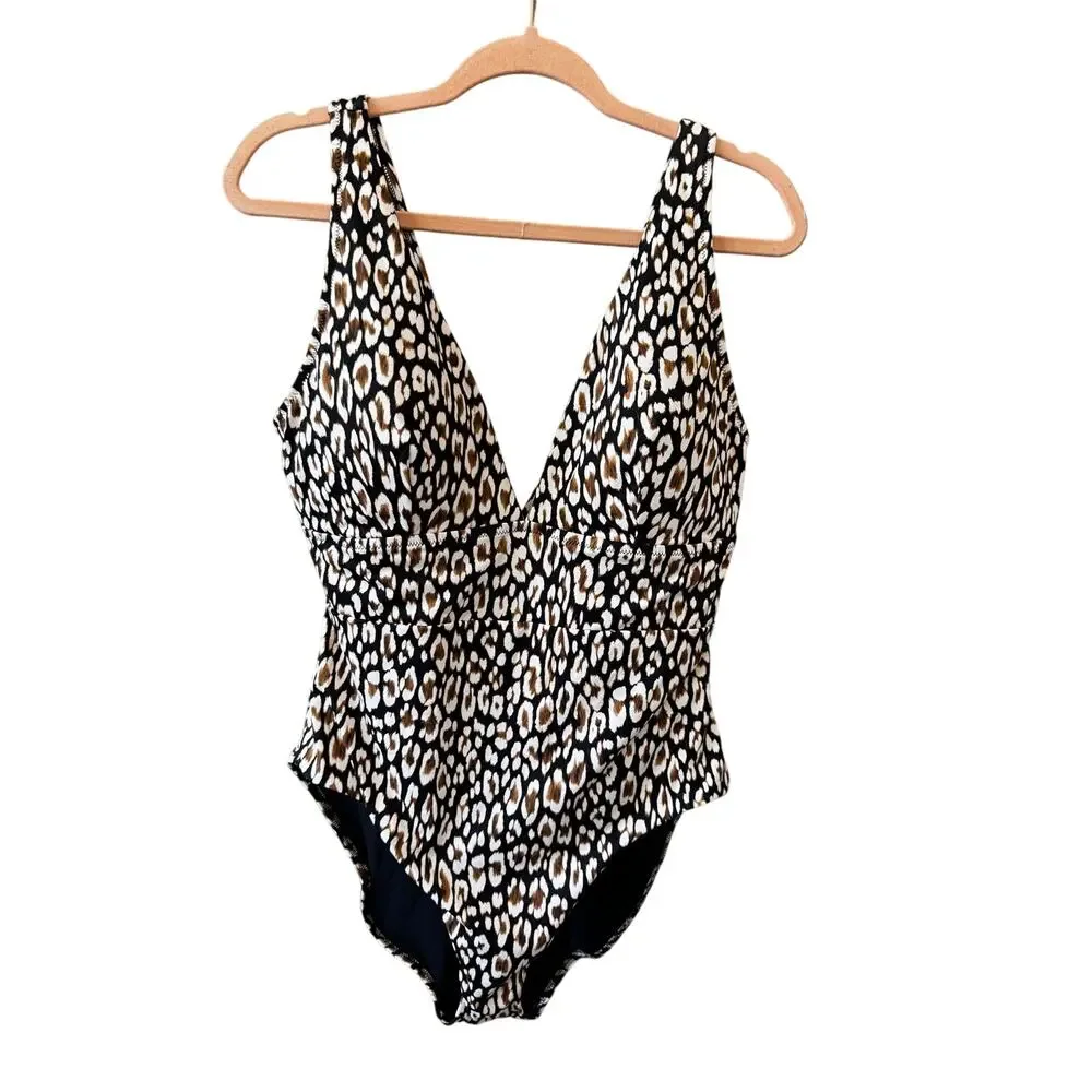 New TOMMY BAHAMA Women's Palm Modern Safari Cat V-Neck One-Piece Swimsuit Size16